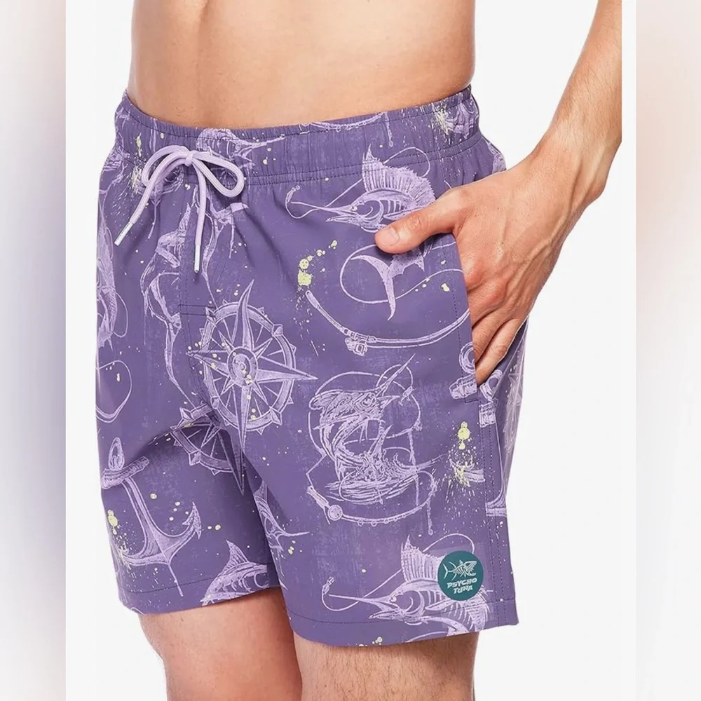 PSYCHO TUNA Purple Nautical Board Shorts with Drawstring Waist